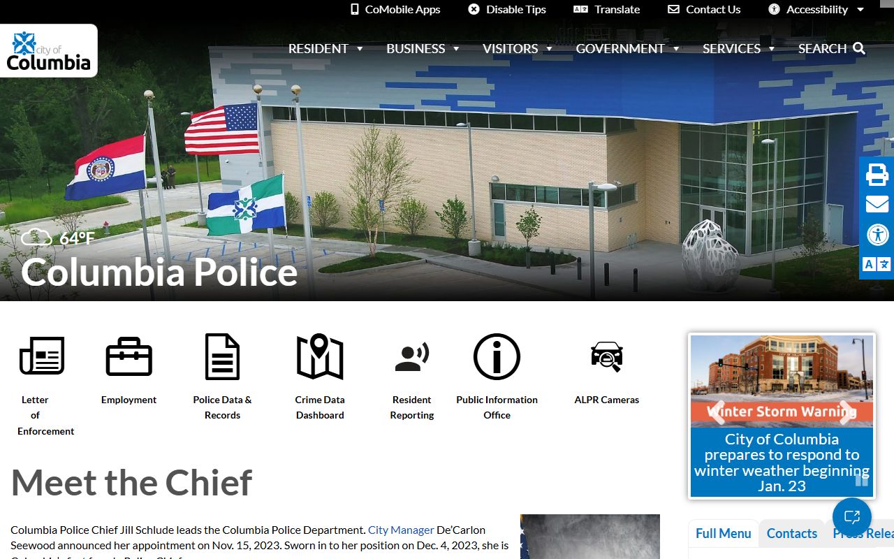 Columbia Missouri Police Department main website for police records