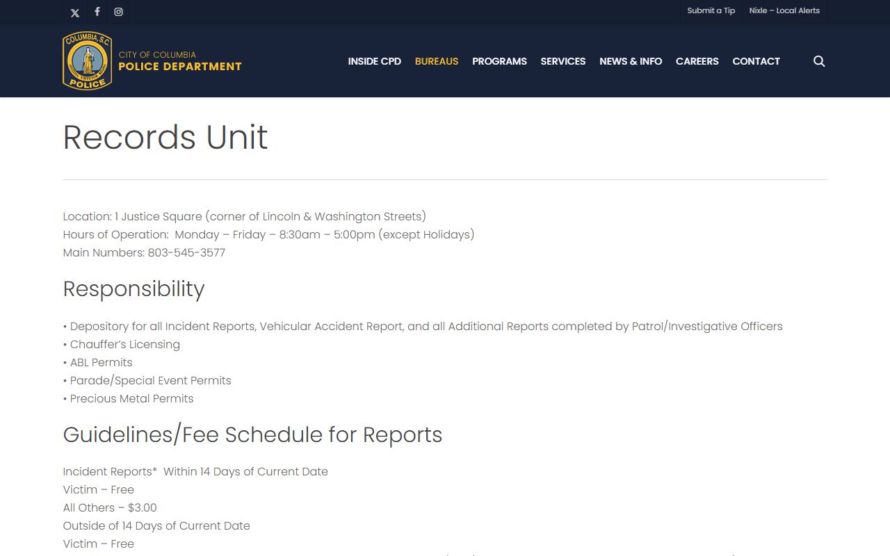 Columbia Police Department Records Unit page for police records