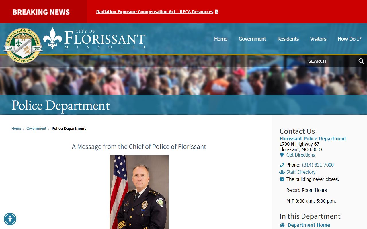 Florissant Police Department page for police records and crash reports