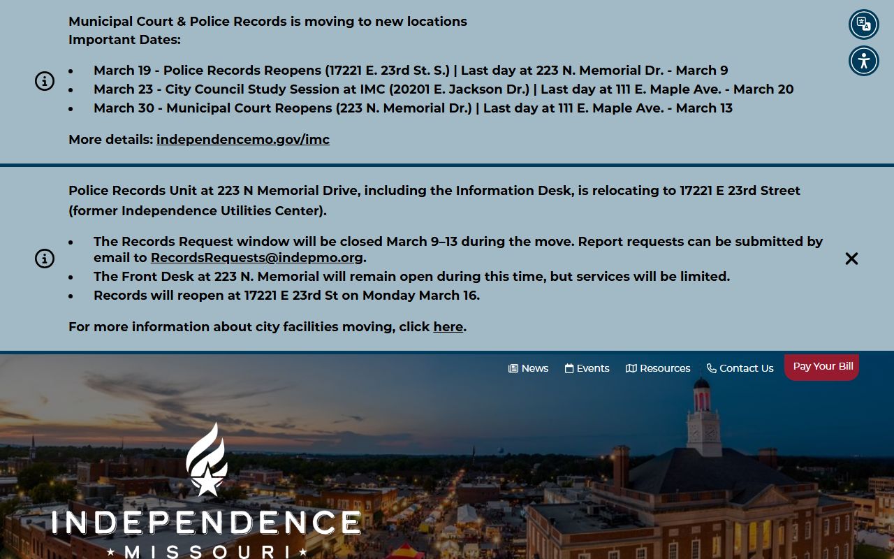 Independence Missouri Police Department main page for police records
