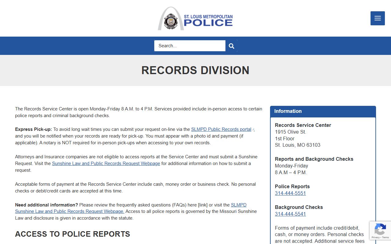 SLMPD Records Service Center page for St. Louis police records