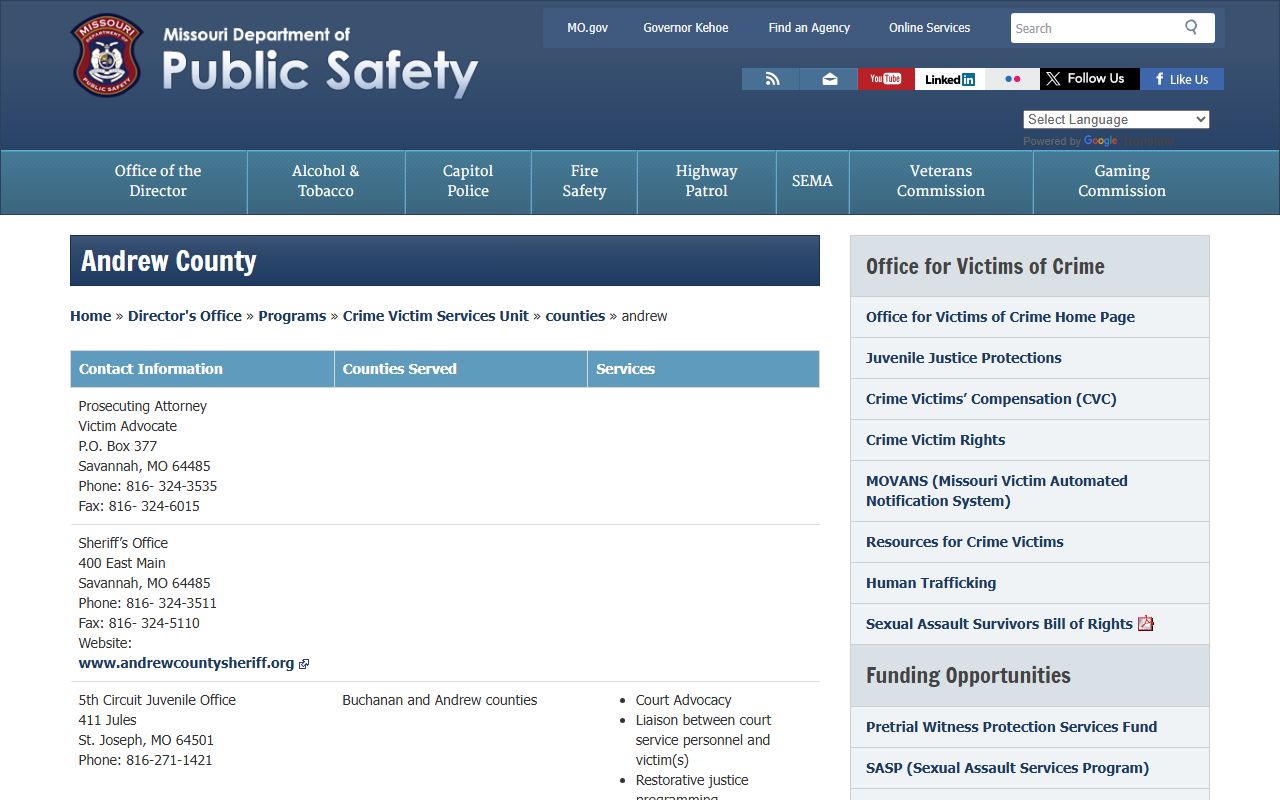 Andrew County victim services page for crime victim resources