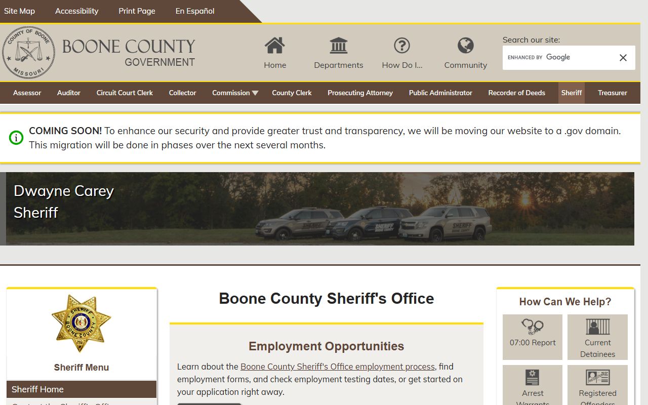 Boone County Sheriff's Office website for police records and inmate information