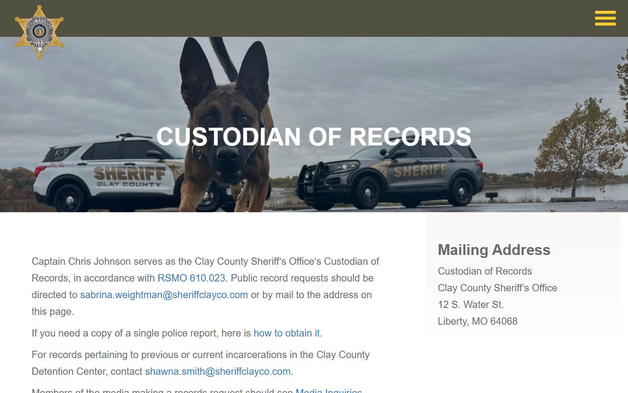 Clay County Sheriff Custodian of Records page for public records access