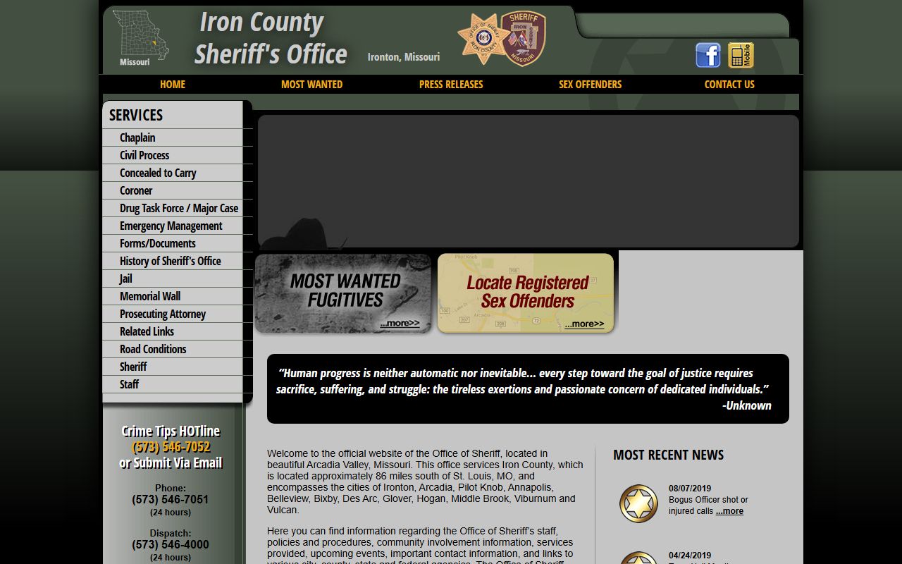Iron County Sheriff's Office website for police records requests in Ironton Missouri