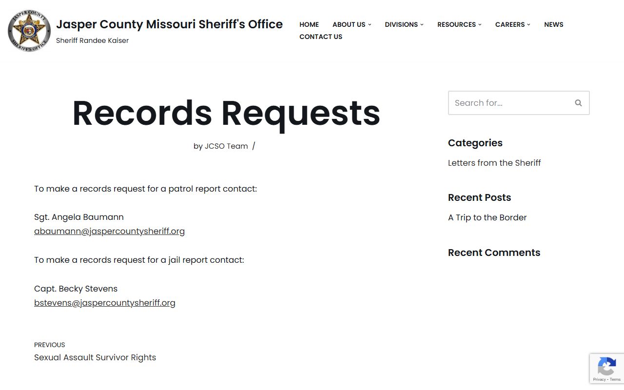 Jasper County Sheriff records request page for police records