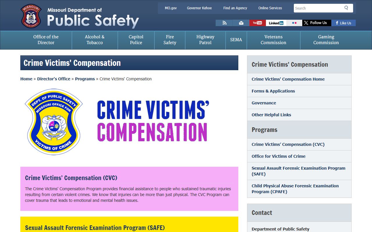Missouri crime victims compensation program information page