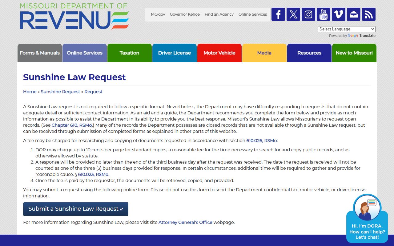 Missouri Sunshine Law process for Putnam County police records requests