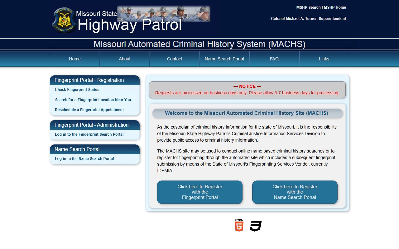 Missouri MACHS automated criminal history system homepage