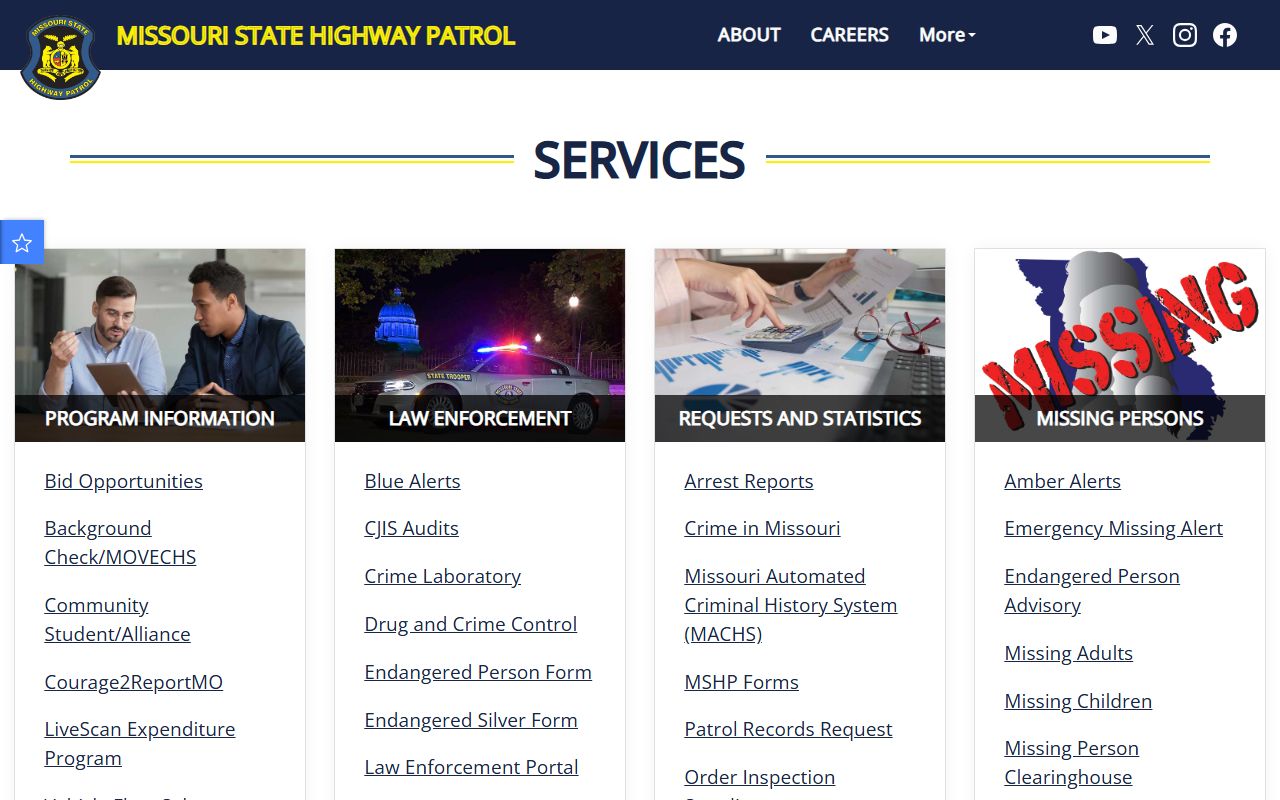 Missouri State Highway Patrol services page for requesting law enforcement records
