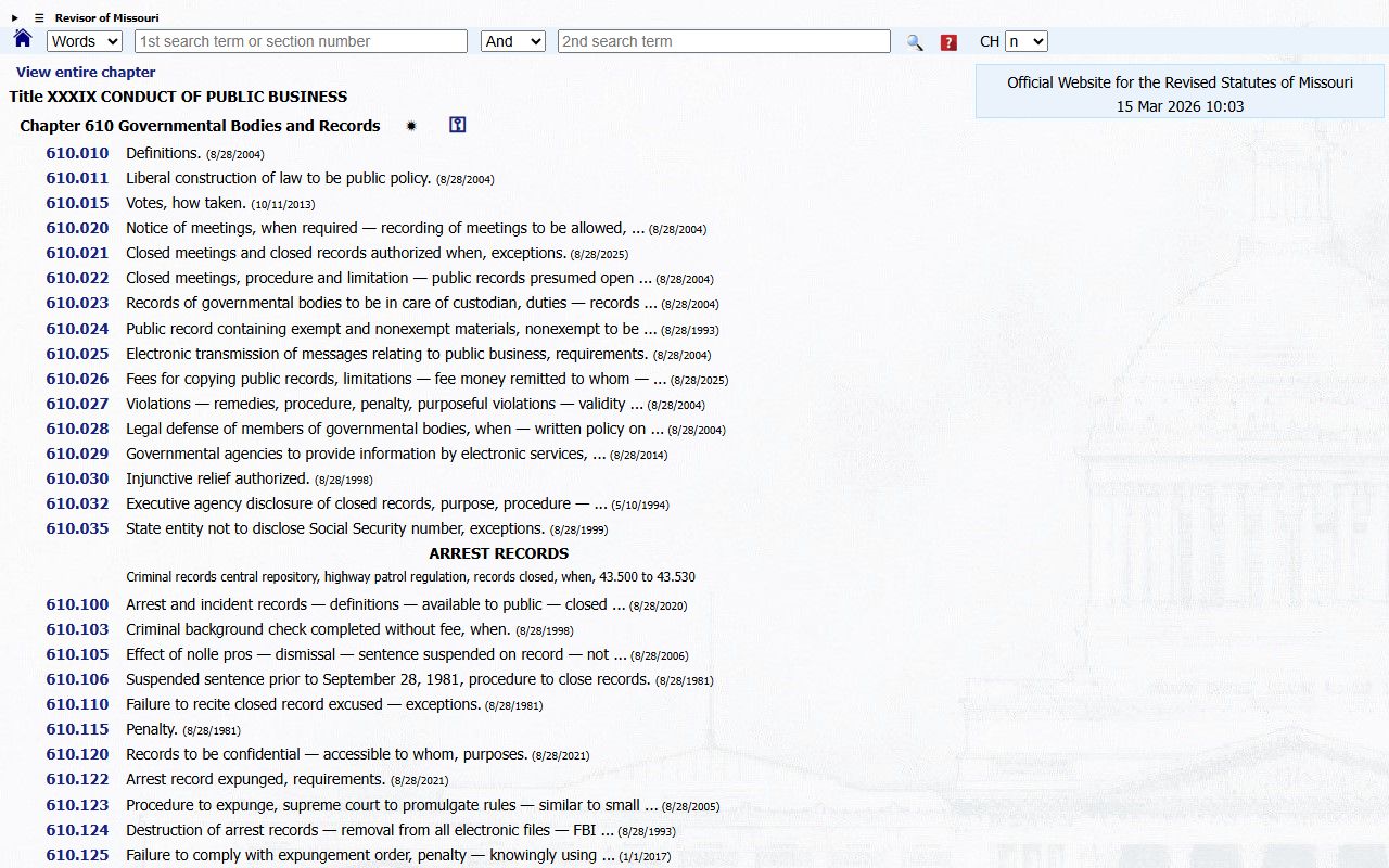 Missouri RSMo Chapter 610 Sunshine Law public records access page